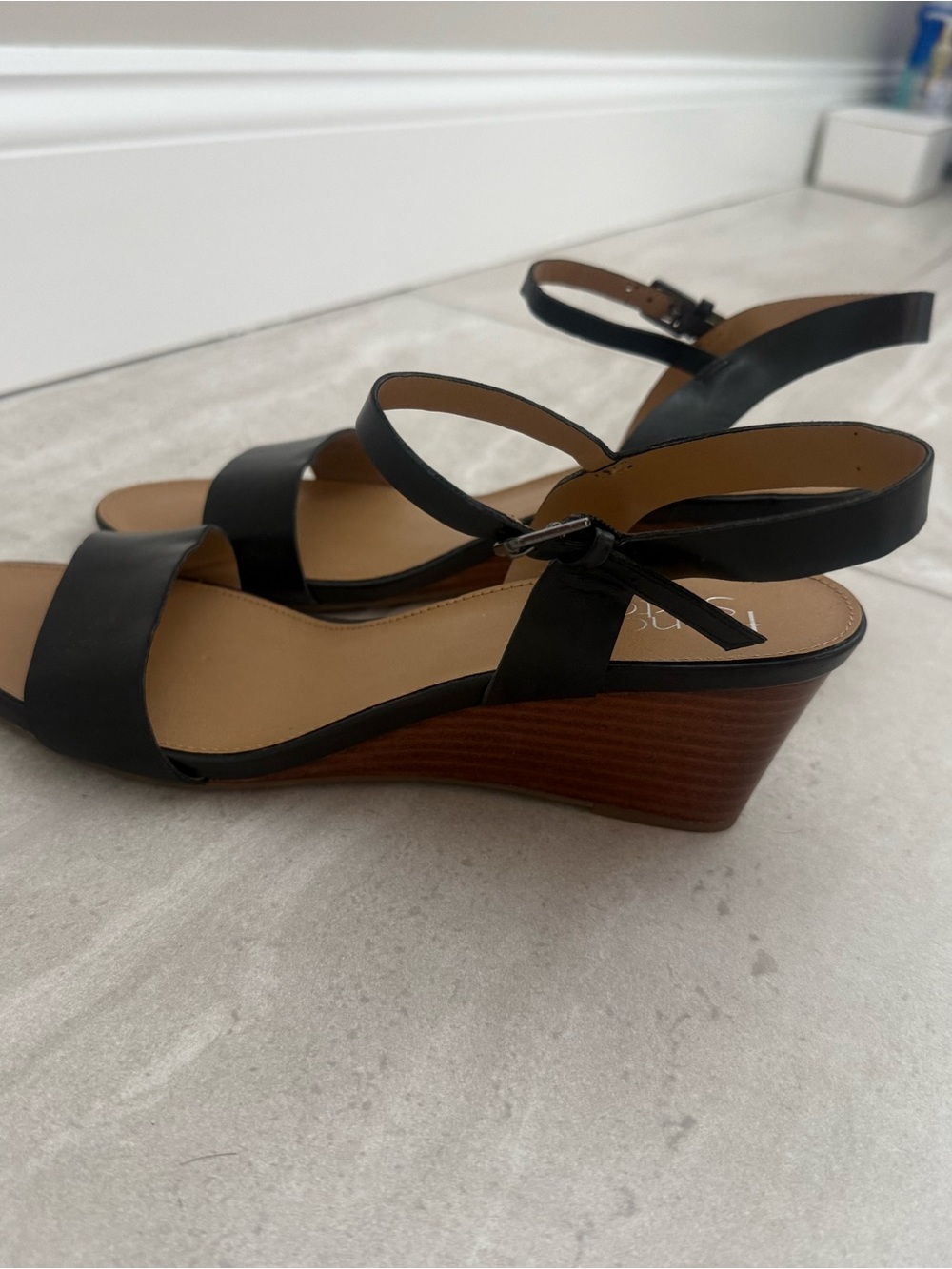 Franco Sarto Black Leather Wedge Sandals with Wood-Effect Heel